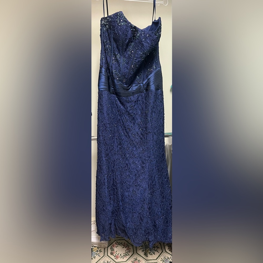 Jovani Navy Satin Evening Gown